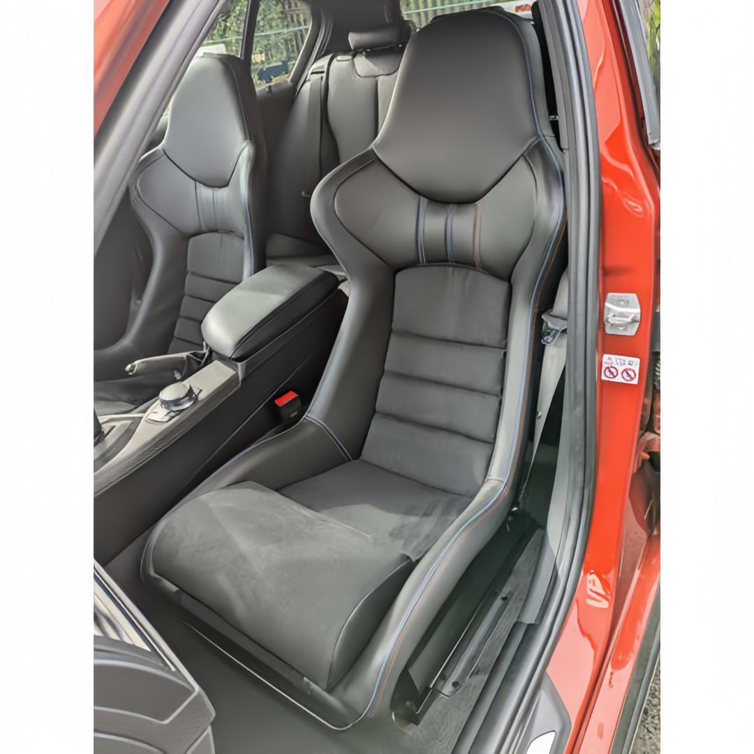 Cobra Nogaro Street GRP Seat - Black vinyl, black Dinamica centres with the M colour stitching - Full package - BMW F2x / F3x / F8x