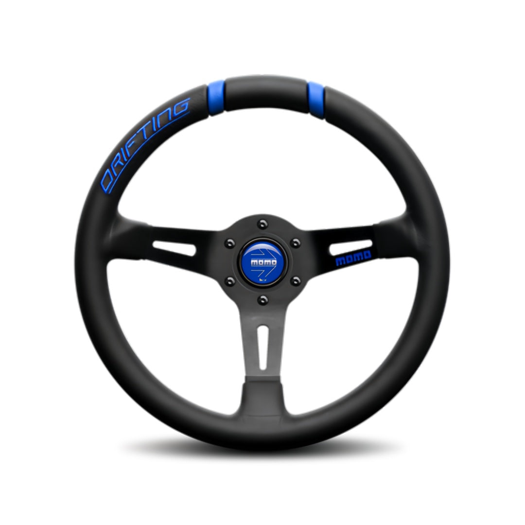Momo Street DRIFTING - Black Leather Blue Inserts Steering Wheel